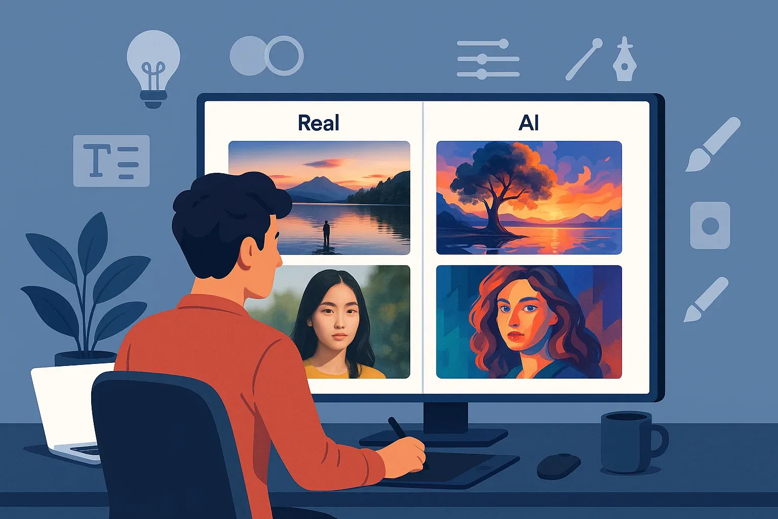 Graphiste comparant photos réelles et images générées par IA sur son poste de travail.