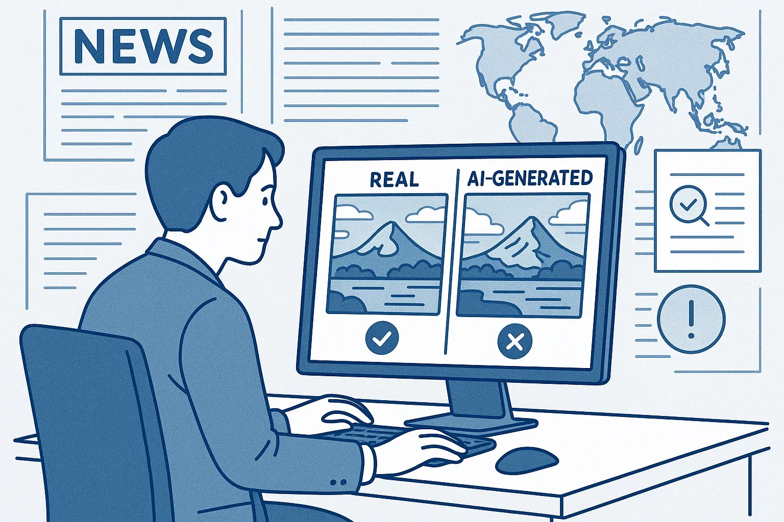 Journaliste vérifiant l’authenticité d’une photo d’actualité grâce à l’outil IA.
