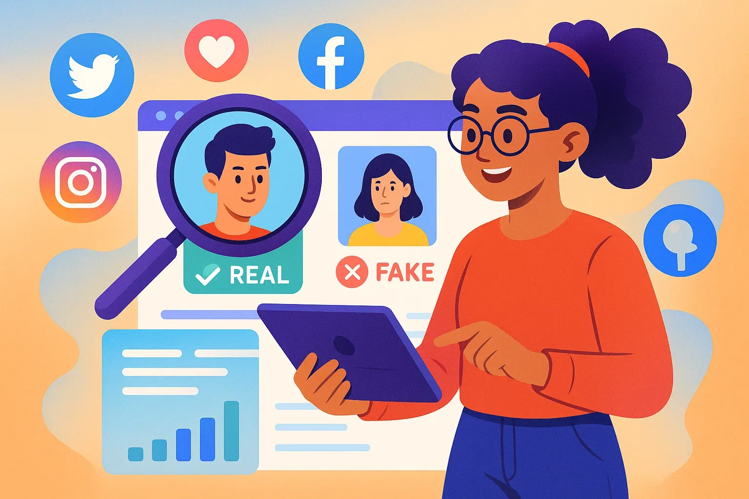 Community manager analysant des profils via un scanner d’authenticité IA.