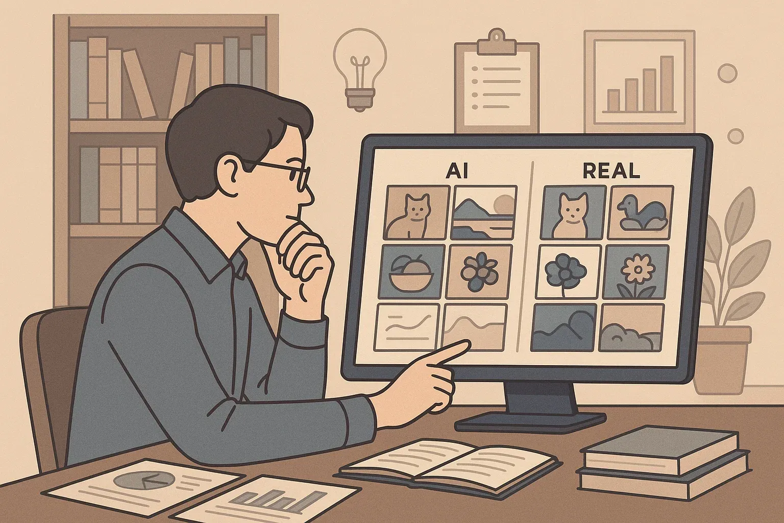 Chercheur comparant jeux de données : images générées par IA ou réelles.