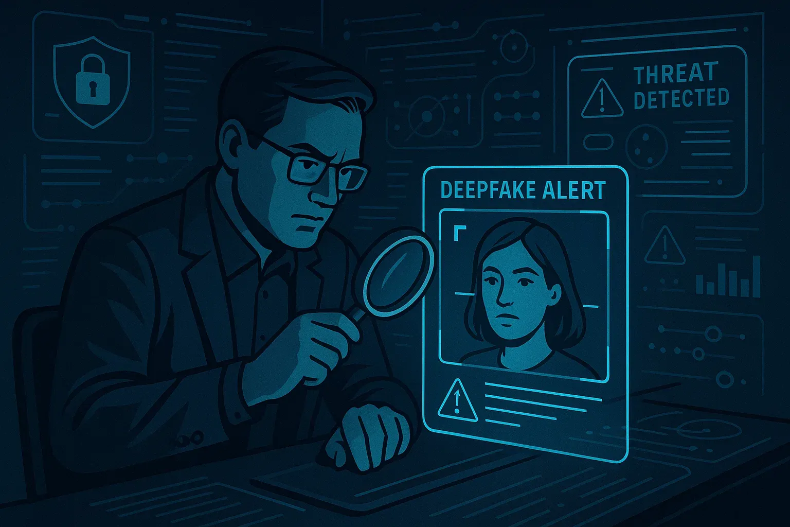 Analyste sécurité examinant une image pour deepfake via des outils IA.