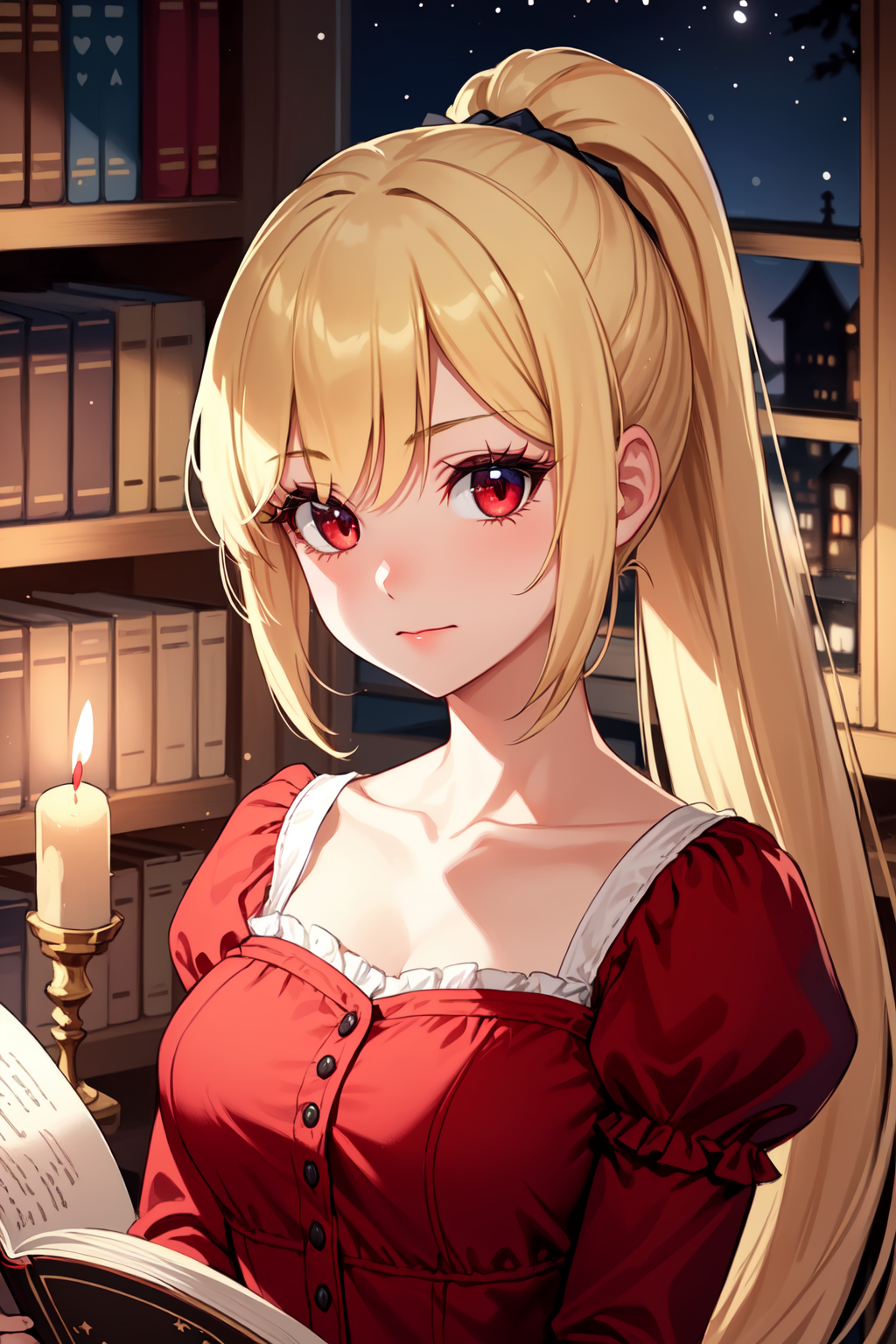 divineanimemix_V2 1girl, solo,blonde hair, long hair, high ponytail, hair intakes,red eyes, long eyelashes, thick eyelashes, looking at viewer,red dress, juliet sleeves, long sleeves, collarbone,indoors, library, books, (renaissance, vintage:1.2), dark, night, candlelight,