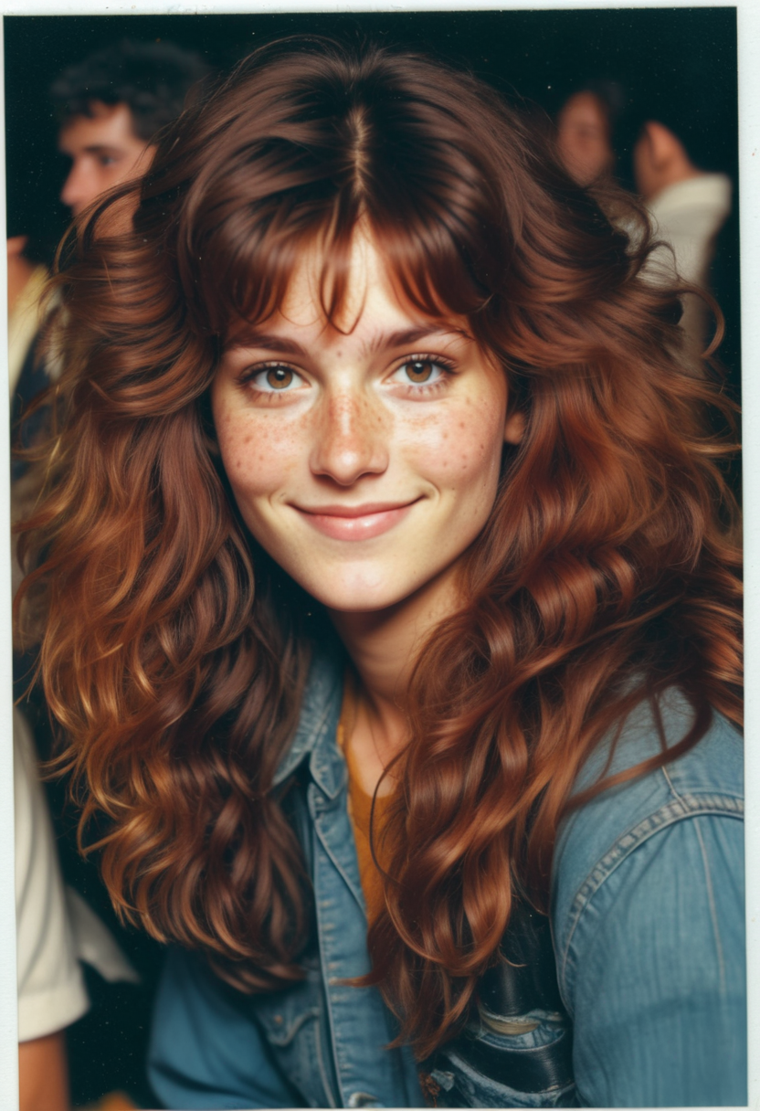 SDXLFaetastic_v24 1980s vintage photo, extremely beautiful woman, freckles, beautiful eyes,, dark red hair, wavy, brown eyes, 1980s big poofy hair with big bangs,smile , many freckles, polaroid 1980s rock concert, groupie, rock fan, vintage