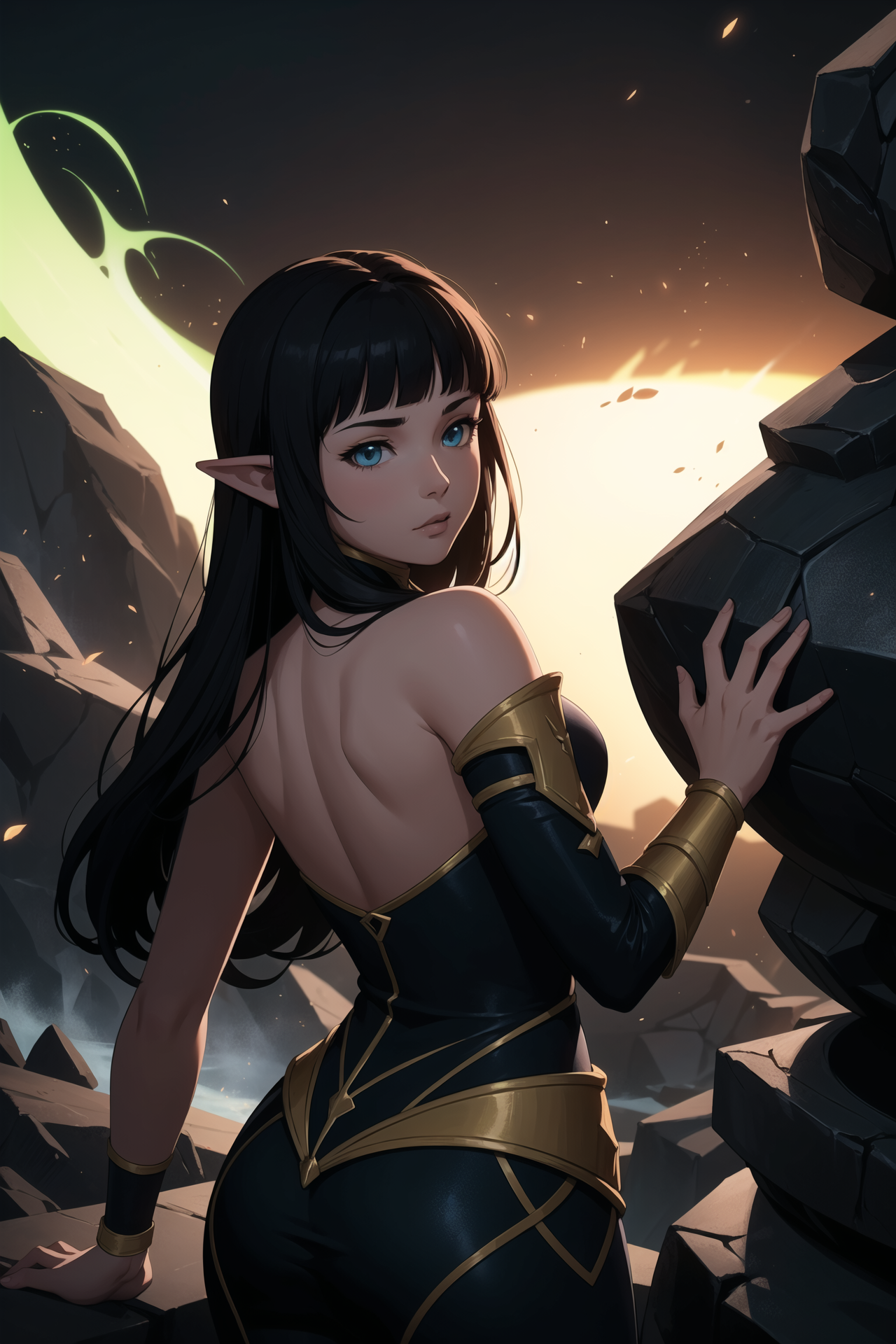 mistoonJade_v10Anime girl,(fantasy,isekai,magic,particles,rays,heroine),Elf,Lava Background,Turned away but looking back over the shoulder,Blunt Bangs,Fall Clothes,final fantasy ,(masterpiece,detailed,highres:1.4),(dota2:1.4)