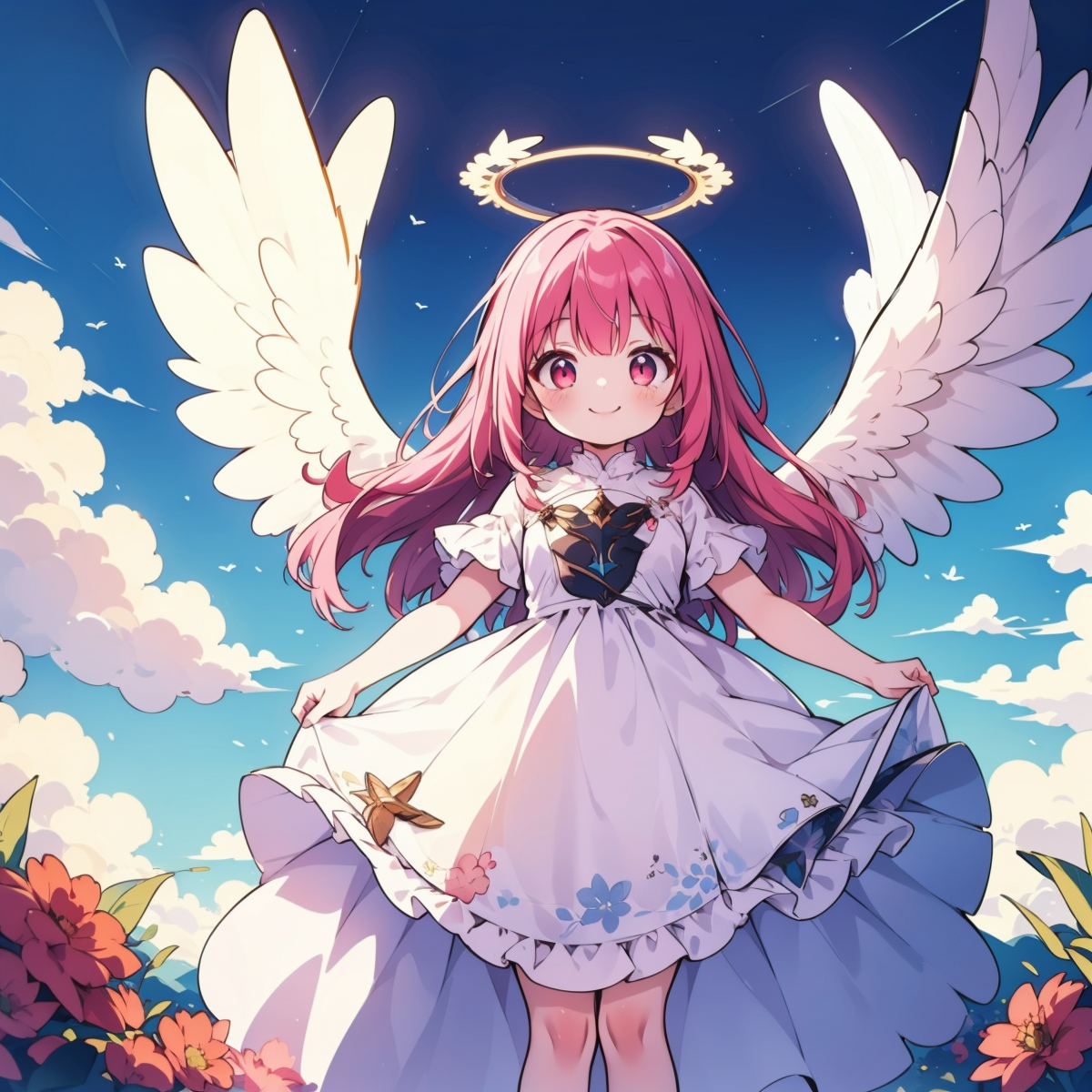 cuteAnime_v10 masterpiece,best quality,1girl,dress,halo,cloudy blue sky,angelic wings,pink hair,long hair,red eyes,smile,looking at viewer,closed mouth,full body,