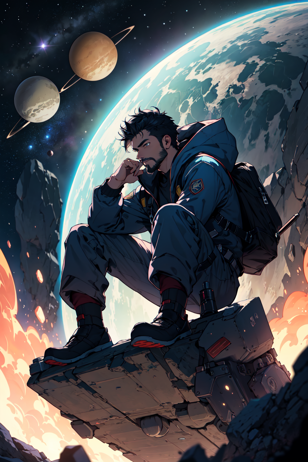 maturemalemix_v14 Draw a young programmer, sitting on a research platform floating in the middle of an asteroid belt. He is studying with a notebook, surrounded by several asteroids glowing with fiery auras. Dramatic lighting from distant stars and planets illuminates the scene, casting deep shadows on the suit. The young man looks confident and determined, looking at the vast and mysterious universe with wonder and respect,facial hair, cowboy shot,