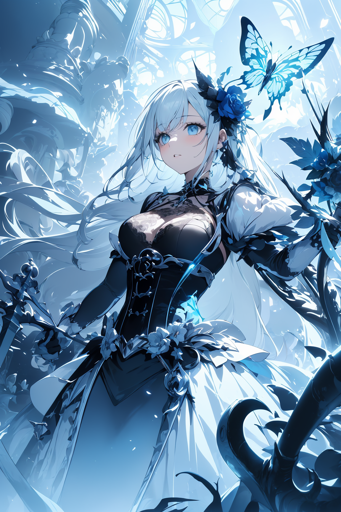 asyncsMIX_v7 masterpiece,best_quality,absurdres,hdr,8k,intricate_details,((Light Blue theme):1.3),(Stunning illustration of a girl.:1.5) Masterpiece. Anime. Bewitching color, depth of field, soft lighting, sharp focus. The scene is a dark, gothic setting with a mysterious young woman at its center. She has long, platinum-blonde hair, black lace accessories, and a steampunk eyepiece. Her expression is calm yet eerie. She wears an ornate black dress with red roses, lace, and corset elements, merging into dark, angular shapes resembling twisted metal and thorns. Black butterflies surround her, symbolizing death or transformation. Above her looms a skeletal figure with a staff or scythe, surrounded by shadows and decaying wings. The background features a dimly lit gothic structure with skulls, dark crosses, and fragmented puzzle pieces, creating a surreal and disturbing atmosphere, (mesmerizing_scenery:1.5), The lighting is soft and cold, with a color scheme of black, deep light blues, metallic grays, and occasional blue highlights,from_side