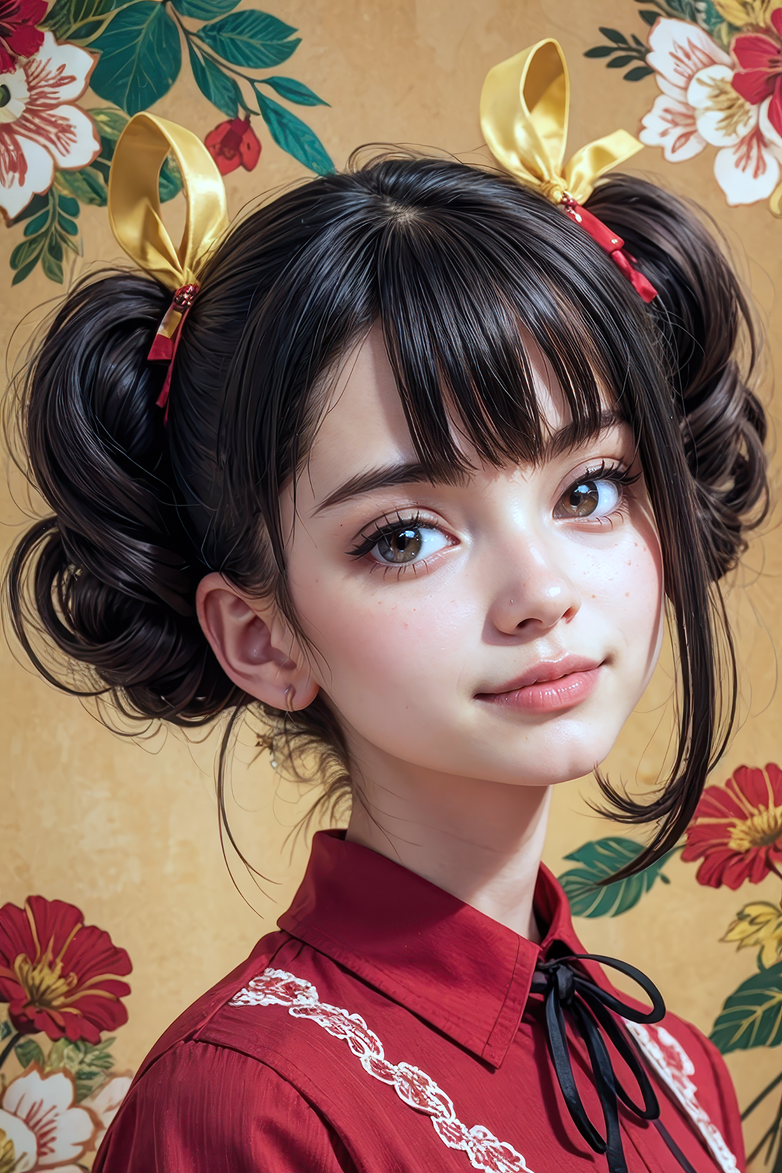 cyberrealisticSemi_v30 1girl, black eyes, black hair, black nails, black ribbon, close-up, hair ornament, hair over one eye, hair tie, jirai kei, looking at viewer, medium hair, multicolored nails, neck ribbon, patterned background, red nails, red shirt, ribbon, shirt, smile, solo, twintails, v, v over mouth, x hair ornament