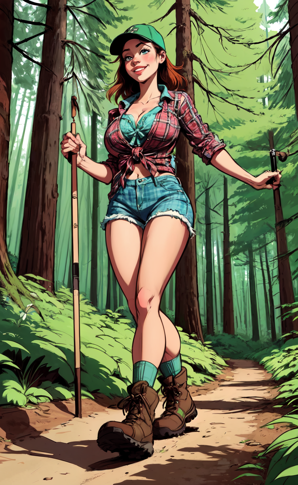 comicBabes_v2 (cartoonish style), (low contrast:.9), drawing of a cute woman hiking in the woods, tall trees, shady, wearing a tied-off (plaid shirt), wearing shorts, wearing hiking boots, wearing ball cap, holding a walking stick, looking up at trees, look of wonder, happy, nature, detailed face, perfect eyes, cleavage, artistic