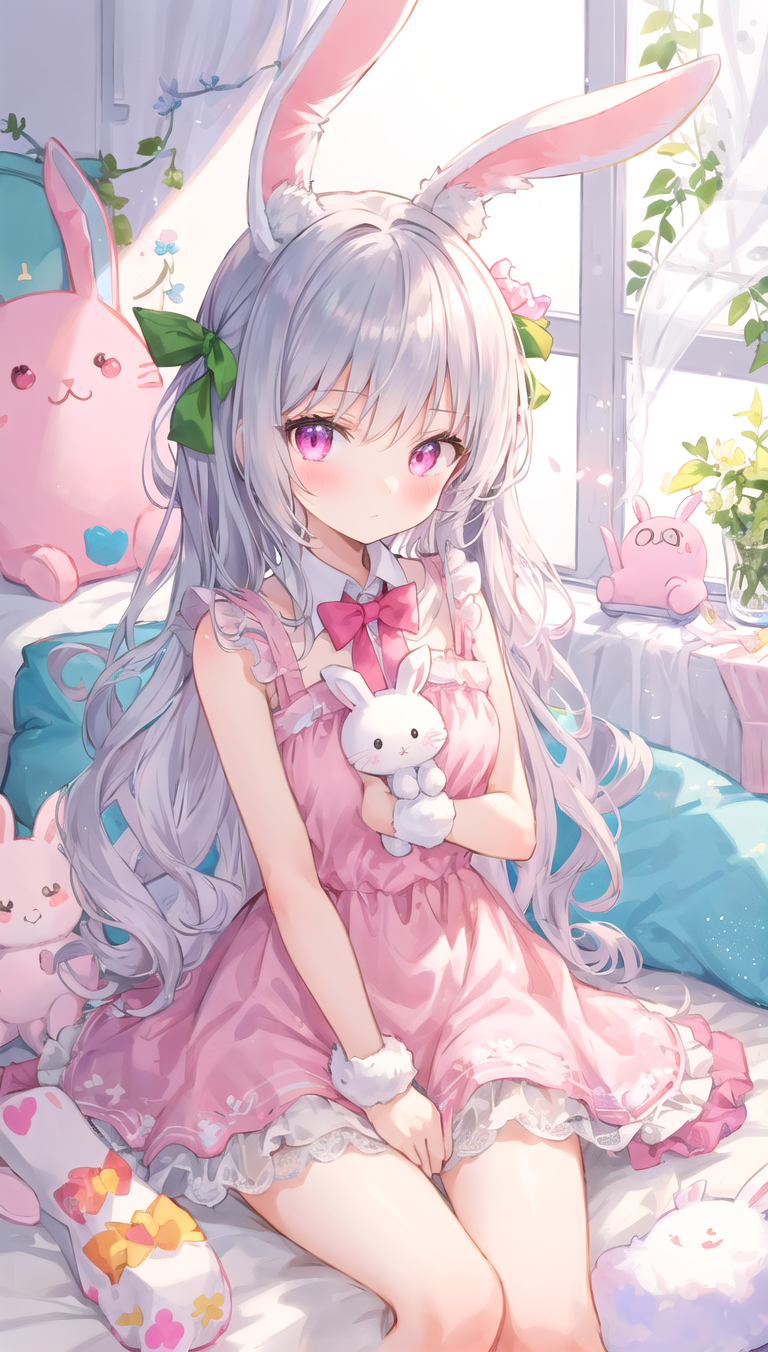 fuwafuwamix_v15BakedVae2 beautiful illustration, best quality, cute girl, bedroom, pastel color, fluffy bunny ears, petite, silver long hair, rabbit stuffed toy, bright lighting, light pink eyes