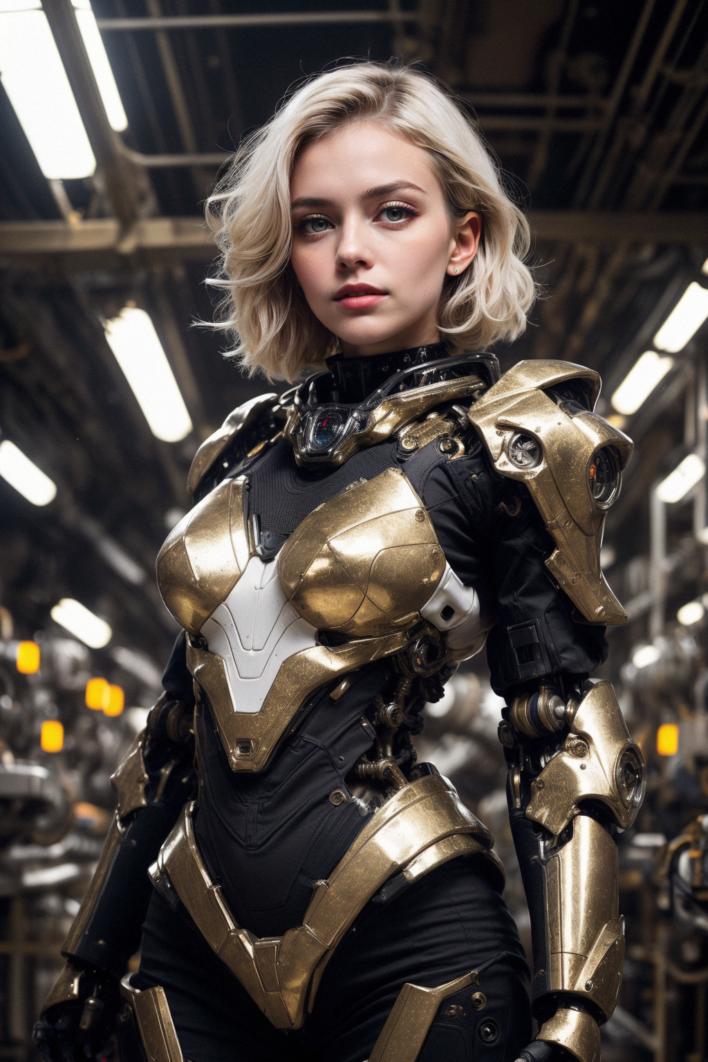 absolutereality_v181 cgmech, , beautiful eyes, upper body, underboob, portrait, robot,white orange armor, white shimmering hair, neon light, 8K, RAW, best quality, masterpiece, ultra high res, colorful, (medium wide shot), (dynamic perspective), sharp focus , (depth of field, bokeh:1.3), extremely detailed eyes and face, beautiful detailed eyes,large breasts,(black gold, trimmed gear:1.2),(In a futuristic weapons factory:1.2), ((masterpiece, best quality)), <lora:more_details:0.3> Detailed background, spaceship interior <lora:menpo_offset:0.2> <lora:Niji:0.6>