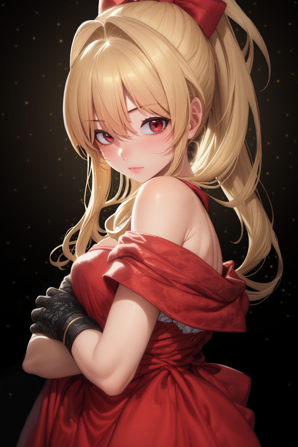 divineelegancemix_V10 light particles, soft lighting, volumetric lighting, intricate details, finely detailed, backlighting,1girl, solo, standing, upper body, crossed arms,blonde hair, long hair, high ponytail, hair intakes, sidelocks, red bow,red eyes, looking at viewer, tsurime, half-closed eyes,red dress, off shoulder, bare arms, gloves,black background, simple background,<lora:Add Detail:0.4>